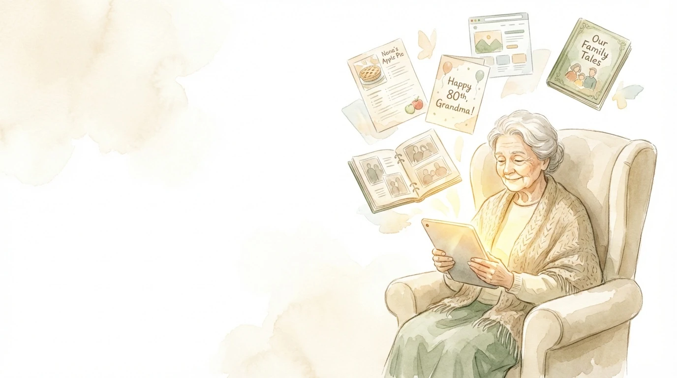 A grandmother smiling at her tablet as recipe cards, birthday greetings, and storybooks float around her